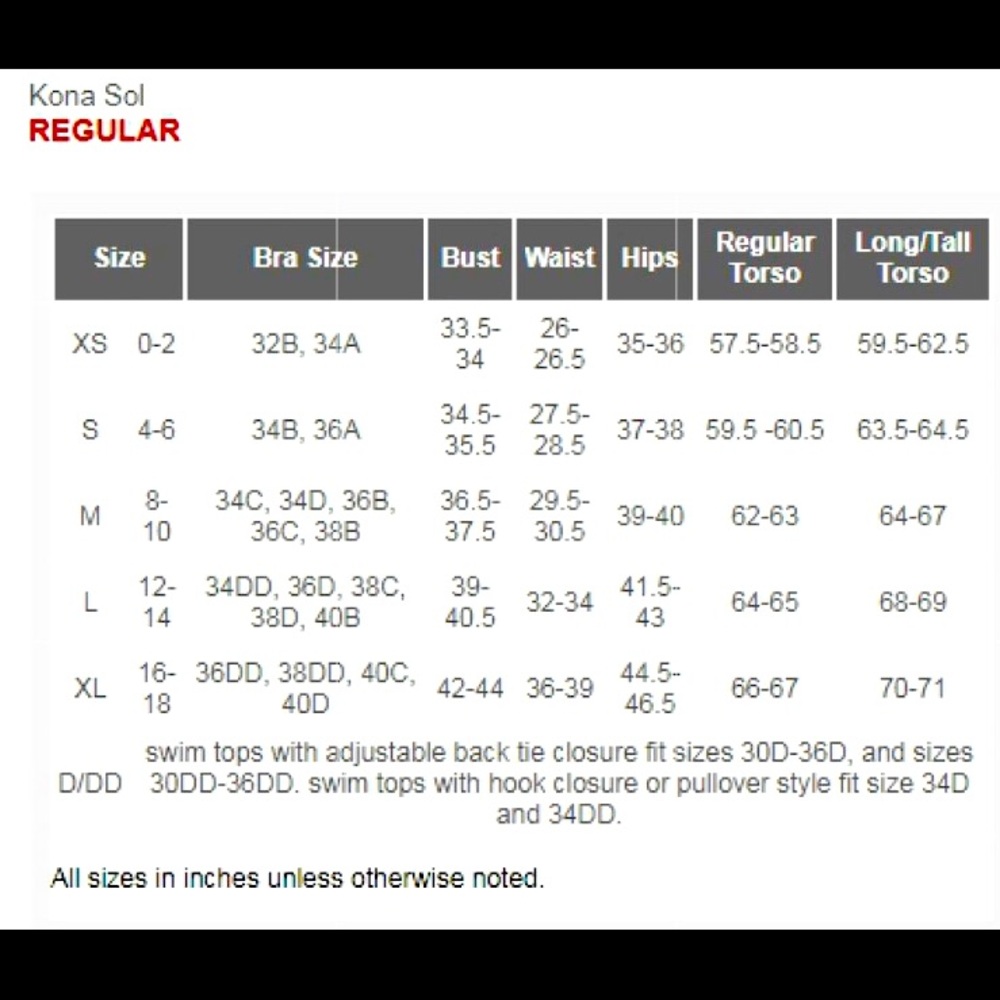 Bathing suit size charts